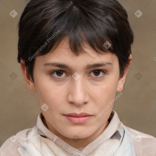 Neutral white young-adult female with short  brown hair and brown eyes