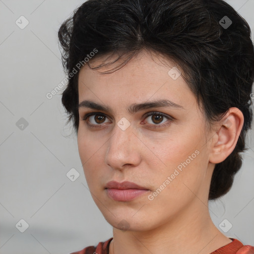 Neutral white young-adult female with medium  brown hair and brown eyes