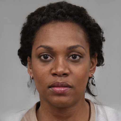 Neutral black young-adult female with short  black hair and brown eyes