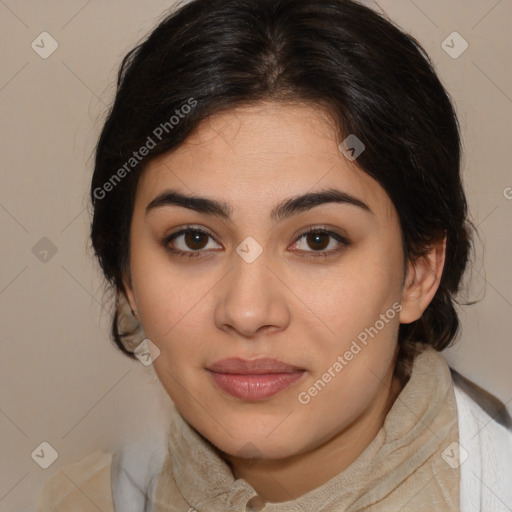 Joyful latino young-adult female with medium  brown hair and brown eyes