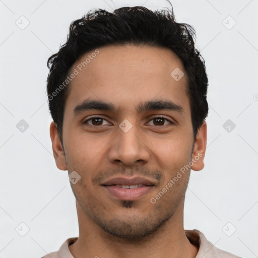 Neutral latino young-adult male with short  black hair and brown eyes