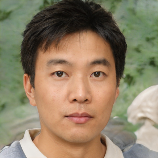 Neutral asian young-adult male with short  brown hair and brown eyes