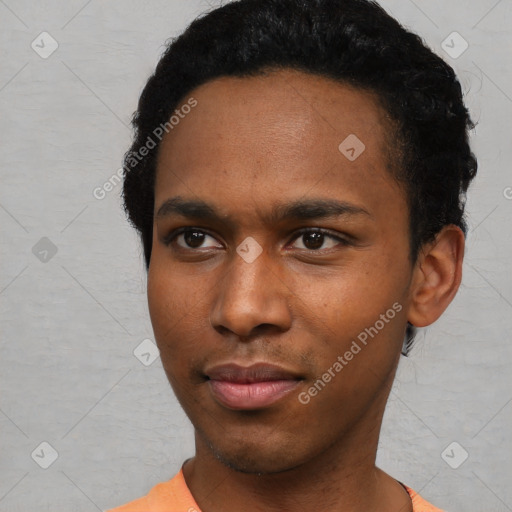 Neutral black young-adult male with short  black hair and brown eyes
