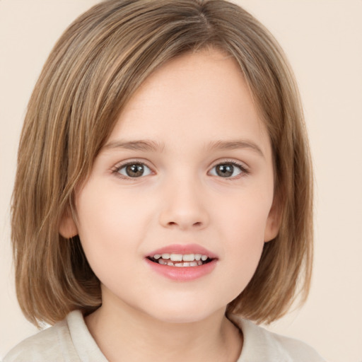 Joyful white child female with medium  brown hair and brown eyes