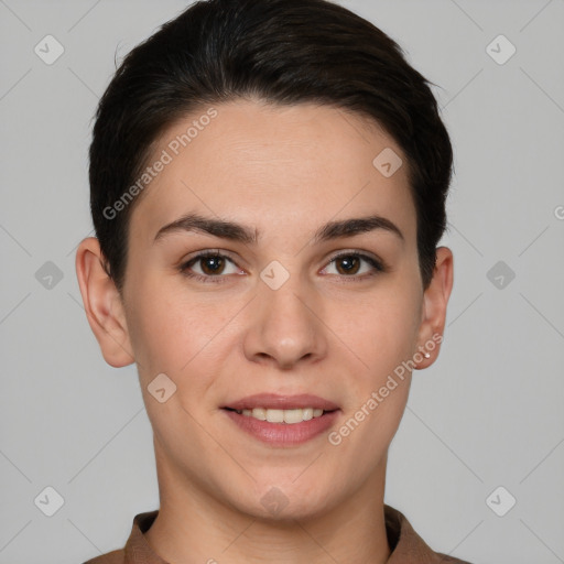 Joyful white young-adult female with short  brown hair and brown eyes