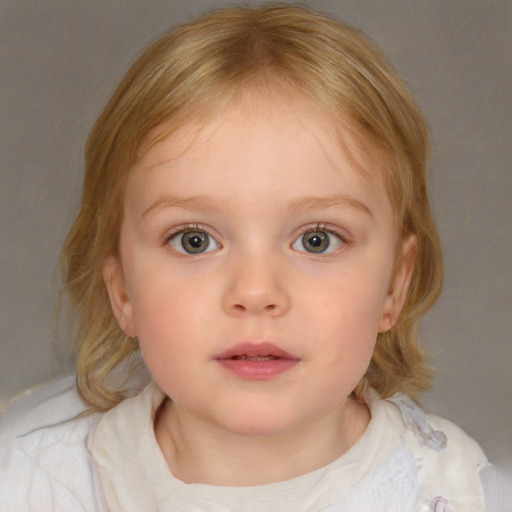 Neutral white child female with medium  brown hair and blue eyes