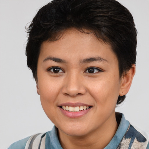 Joyful asian young-adult female with short  brown hair and brown eyes