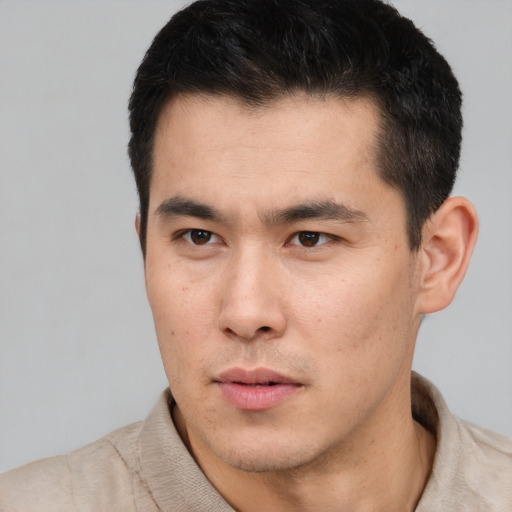 Neutral asian young-adult male with short  black hair and brown eyes