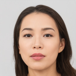 Neutral asian young-adult female with long  brown hair and brown eyes