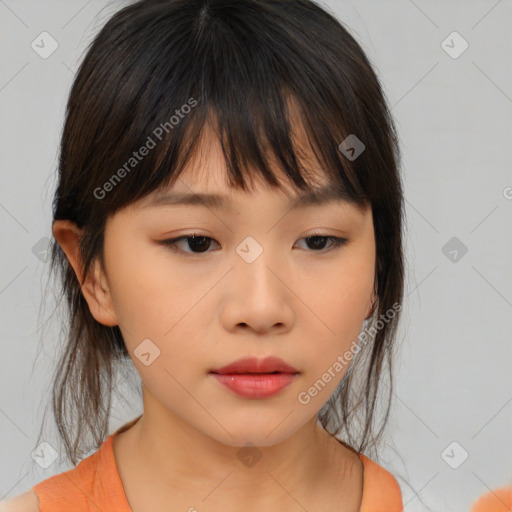 Neutral asian young-adult female with medium  brown hair and brown eyes