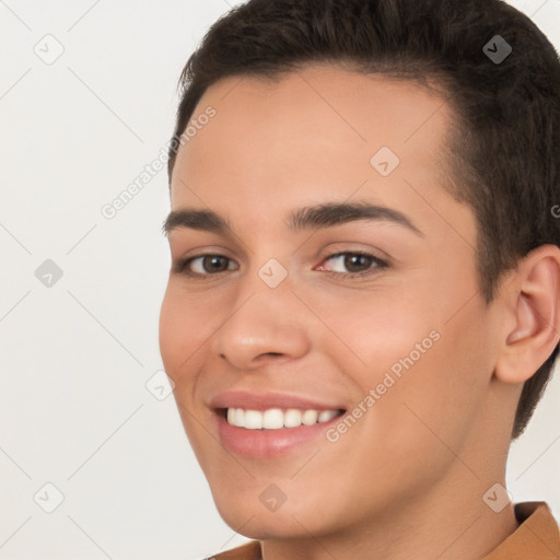 Joyful white young-adult female with short  brown hair and brown eyes