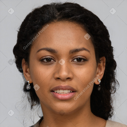 Joyful latino young-adult female with short  black hair and brown eyes