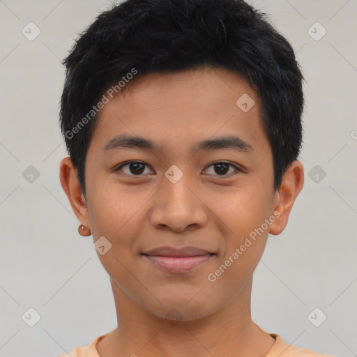 Joyful asian young-adult male with short  black hair and brown eyes