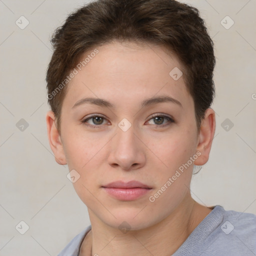 Neutral white young-adult female with short  brown hair and brown eyes