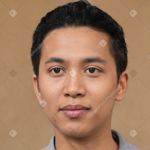 Neutral asian young-adult male with short  black hair and brown eyes