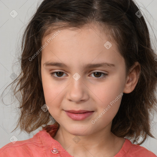 Joyful white child female with medium  brown hair and brown eyes