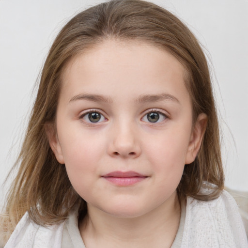 Neutral white child female with medium  brown hair and grey eyes