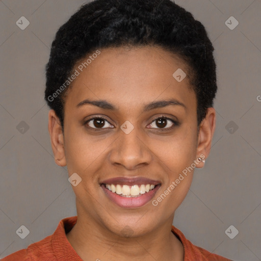 Joyful latino young-adult female with short  black hair and brown eyes