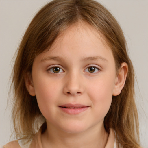 Joyful white child female with medium  brown hair and brown eyes