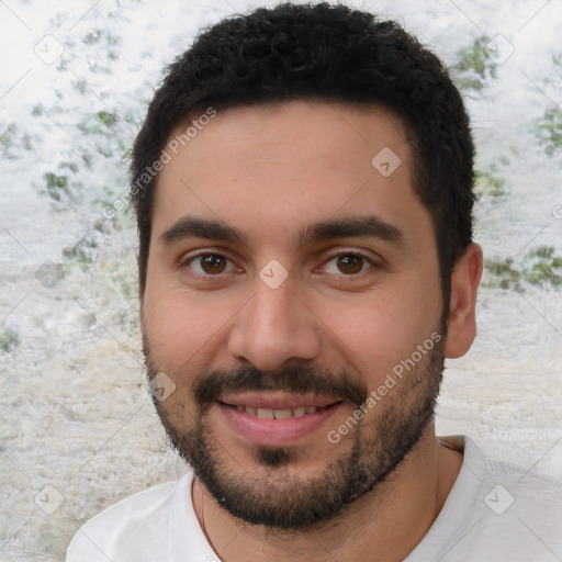 Joyful white young-adult male with short  brown hair and brown eyes