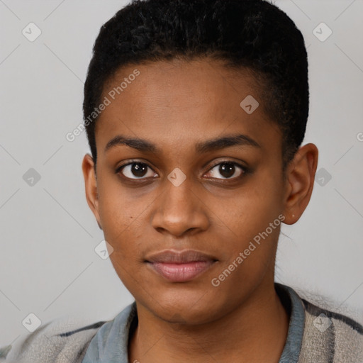 Neutral black young-adult female with short  black hair and brown eyes