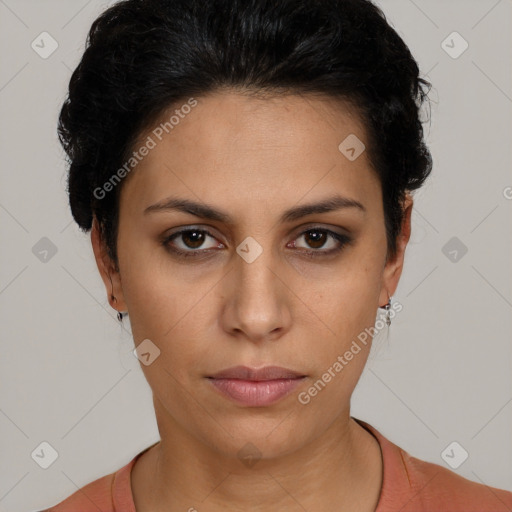 Neutral latino young-adult female with short  black hair and brown eyes