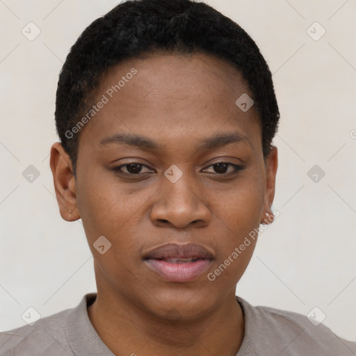 Neutral black young-adult female with short  black hair and brown eyes