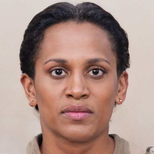 Neutral black young-adult female with short  brown hair and brown eyes