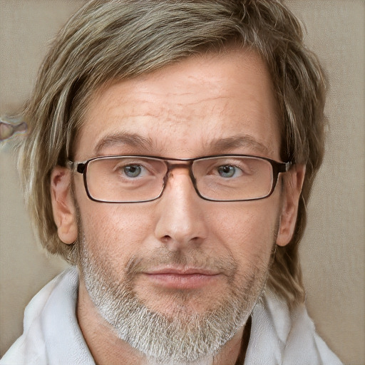 Neutral white middle-aged male with short  brown hair and blue eyes