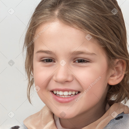 Joyful white child female with medium  brown hair and brown eyes