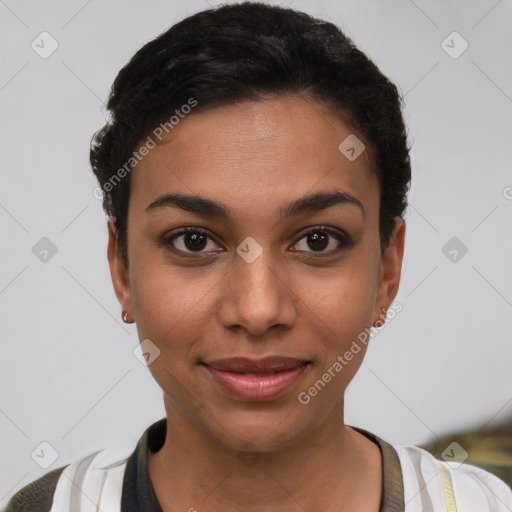 Joyful latino young-adult female with short  brown hair and brown eyes