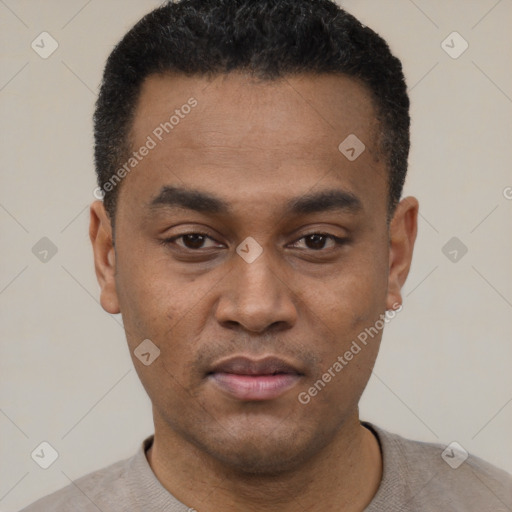 Neutral black young-adult male with short  black hair and brown eyes