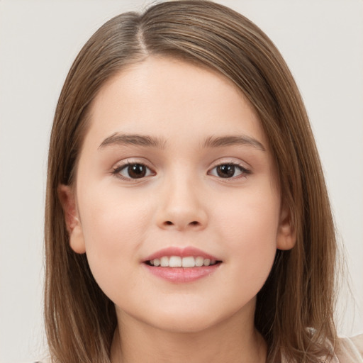 Joyful white child female with long  brown hair and brown eyes