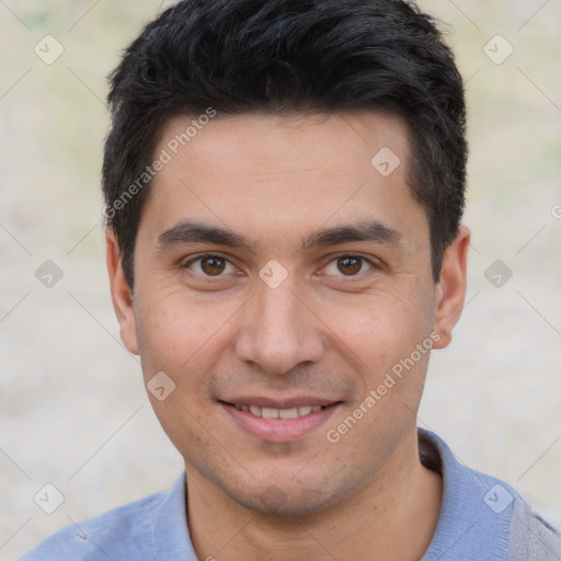 Joyful white young-adult male with short  black hair and brown eyes