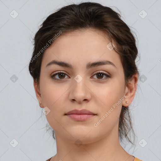 Neutral white young-adult female with medium  brown hair and brown eyes