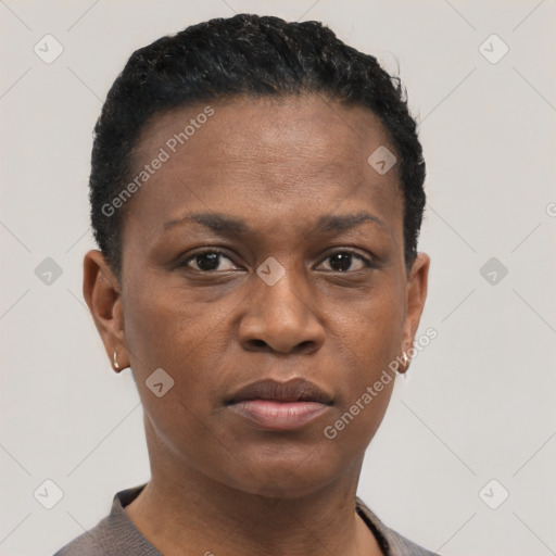 Neutral black adult female with short  brown hair and brown eyes