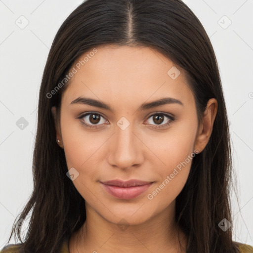 Joyful latino young-adult female with long  brown hair and brown eyes