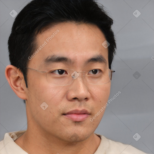 Neutral asian young-adult male with short  brown hair and brown eyes