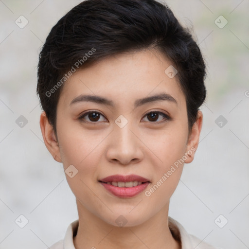 Joyful asian young-adult female with short  brown hair and brown eyes