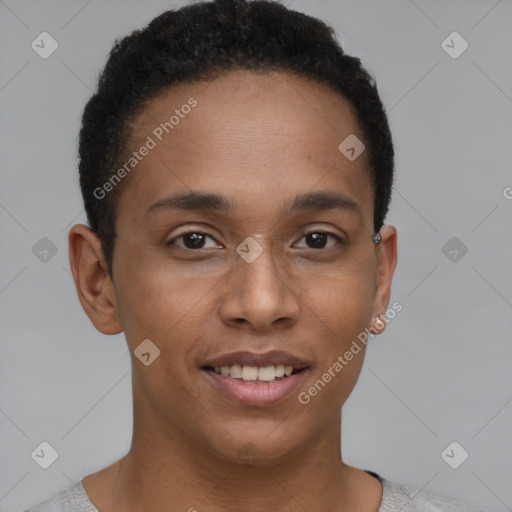 Joyful black young-adult male with short  brown hair and brown eyes