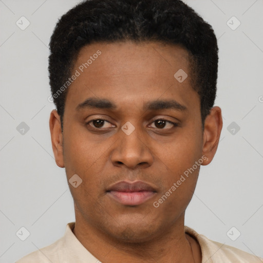 Neutral latino young-adult male with short  black hair and brown eyes