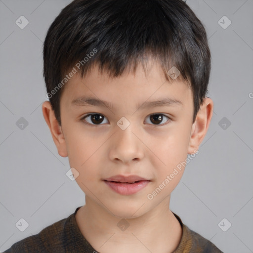 Joyful white child male with short  brown hair and brown eyes