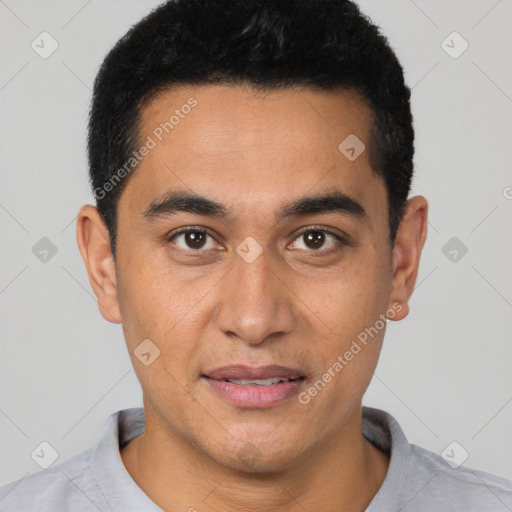 Joyful latino young-adult male with short  black hair and brown eyes