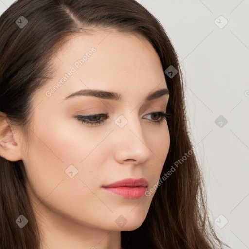 Neutral white young-adult female with long  brown hair and brown eyes