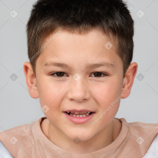 Joyful white child male with short  brown hair and brown eyes