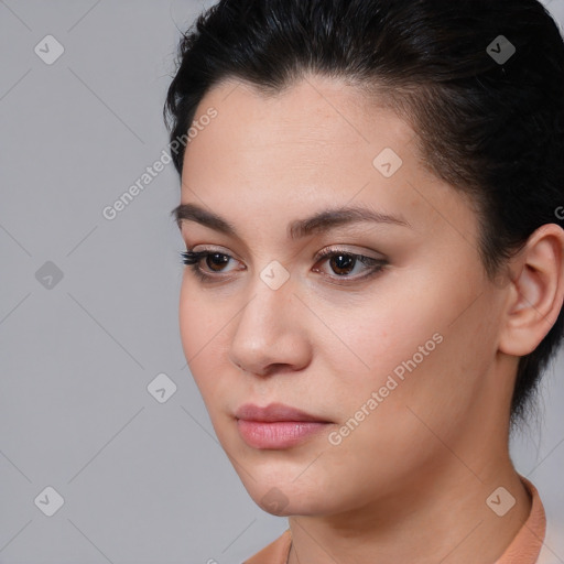 Neutral white young-adult female with short  brown hair and brown eyes