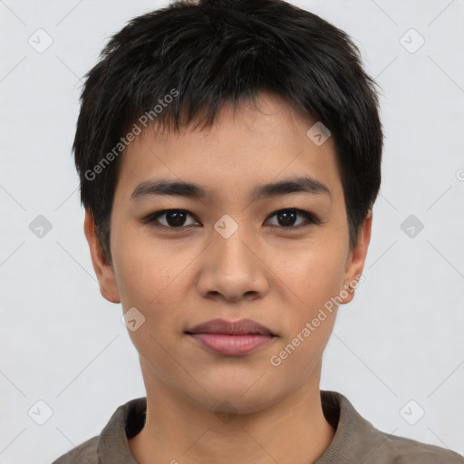 Joyful asian young-adult male with short  black hair and brown eyes