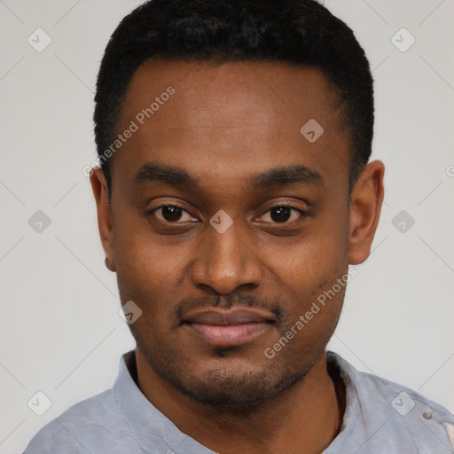 Neutral latino young-adult male with short  black hair and brown eyes