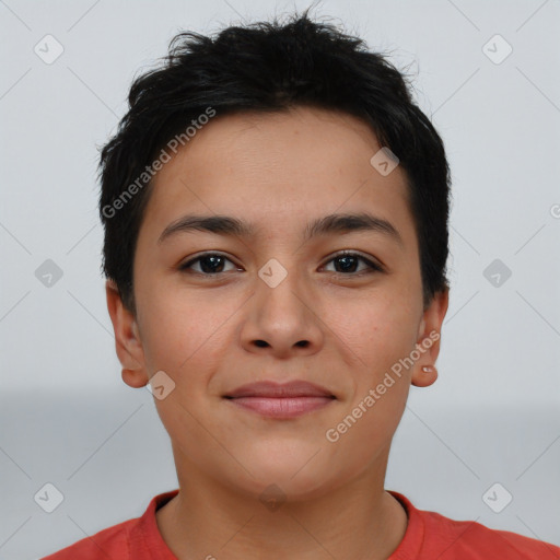 Joyful latino young-adult female with short  brown hair and brown eyes