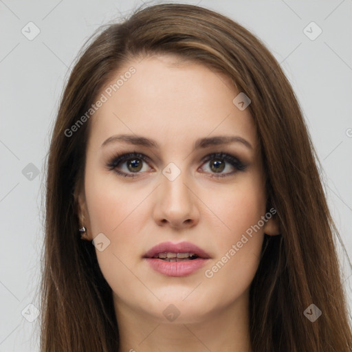 Neutral white young-adult female with long  brown hair and brown eyes